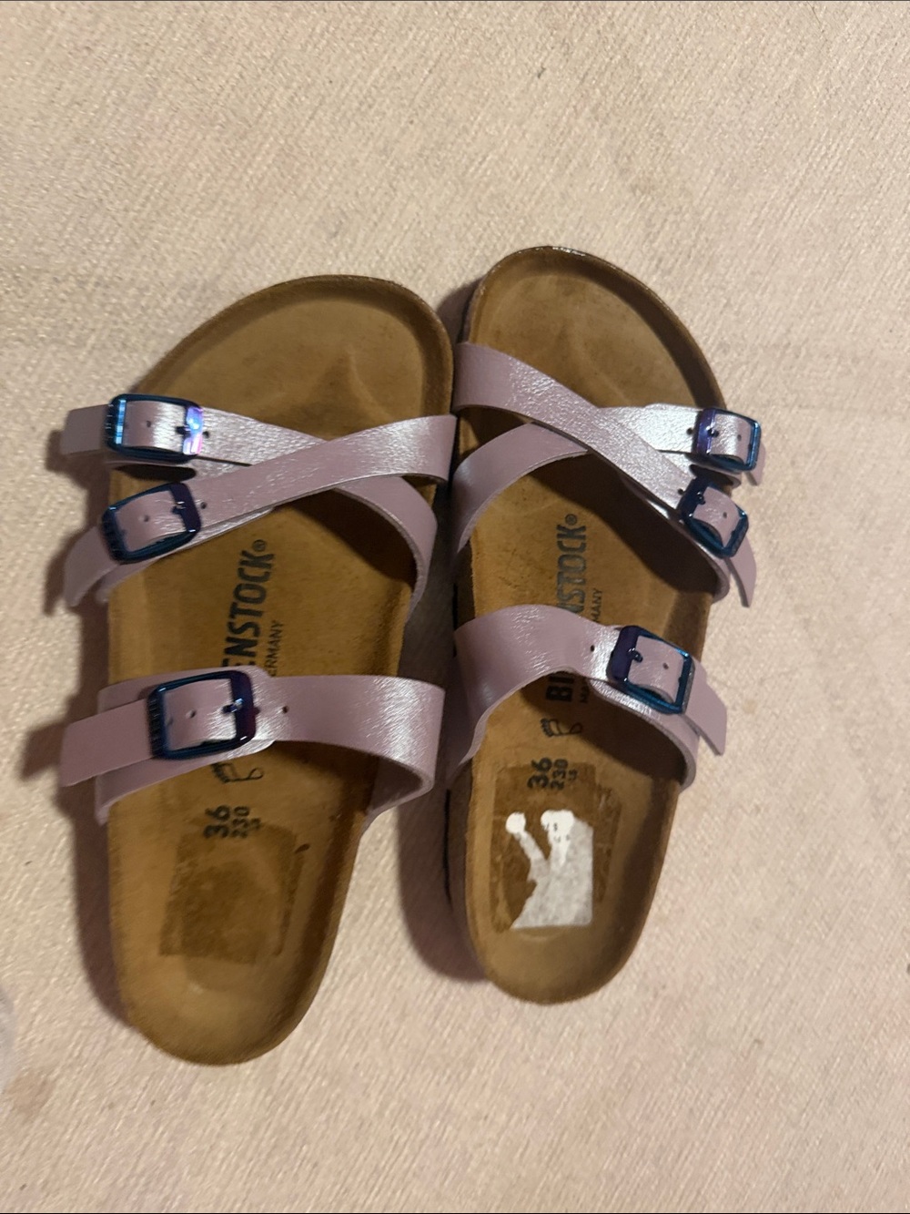 Birkenstock Lavender Triple-Strap Sandals with Blue Buckles